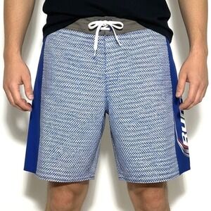 Bud Light Mens Board Shorts Blue Checkered Side Logo Swim Trunks Size 36 Beach